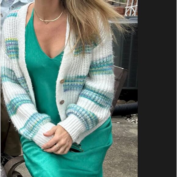 Slate & Willow White Teal Striped Oversized Cardigan Sweater SMALL Cropped $125 - Picture 4 of 10